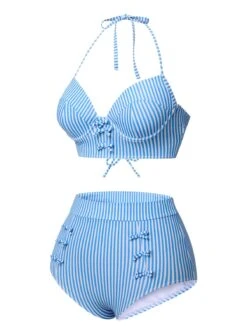 Blue 1950s Halter Bow Stripes Swimsuit -Women's Fashion Sales SCXL000447 2