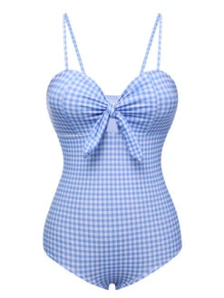 Blue 1950s Plaid Knot Strap Swimsuit
