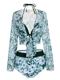 Green 1950s Halter Plants Print Swimsuit & Cover-Up -Women's Fashion Sales SCXL000491 4 compressed