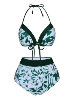 Green 1950s Halter Plants Print Swimsuit & Cover-Up -Women's Fashion Sales SCXL000491 5 compressed