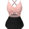 Pink & Black 1940s Hollow Waist Patchwork Swimsuit -Women's Fashion Sales SCXL000507 1