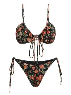 1950s Floral Lace-Up Spaghetti Strap Bikini Set