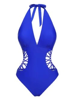 1930s Halter V-Neck Hollow One-Piece Swimsuit