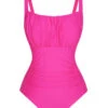 Pink 1940s Solid Wrinkle Strap Swimsuit