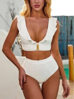 White 1950s Ruffles Solid Swimsuit -Women's Fashion Sales SCXL000572 compressed