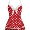 Red 1940s Polka Dots Halter One-Piece Swimsuit
