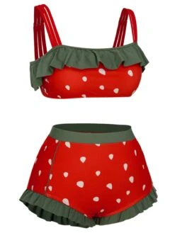 [Plus Size] Red 1950s Strawberry Ruffle Strap Swimsuit -Women's Fashion Sales SCXL000589 2