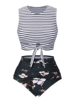 1970s Striped Waist Tie Floral Swimsuit