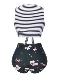 1970s Striped Waist Tie Floral Swimsuit -Women's Fashion Sales SCXL000605 2