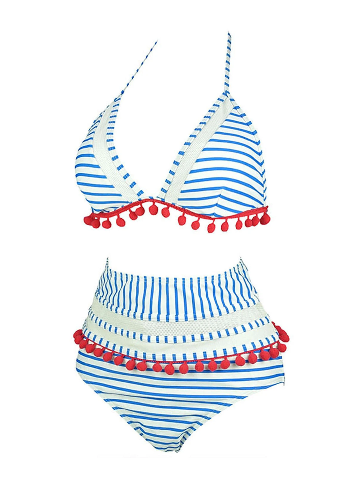 1970s Fur Ball Pendant Tassel Striped Swimsuit 4 1970s Fur Ball Pendant Tassel Striped Swimsuit - Image 2