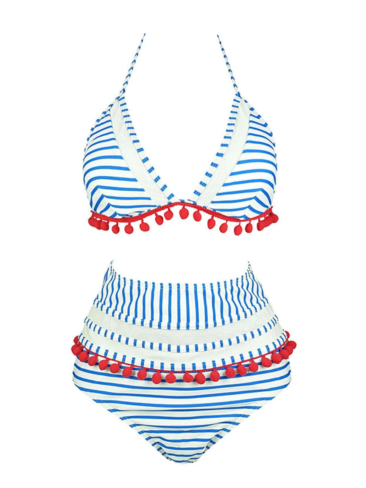 1970s Fur Ball Pendant Tassel Striped Swimsuit 3 1970s Fur Ball Pendant Tassel Striped Swimsuit