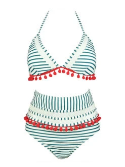 1970s Fur Ball Pendant Tassel Striped Swimsuit 14 1970s Fur Ball Pendant Tassel Striped Swimsuit -Women's Fashion Sales SCXL000614 G 1