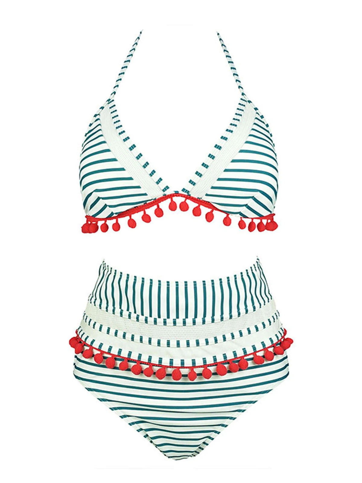 1970s Fur Ball Pendant Tassel Striped Swimsuit 6 1970s Fur Ball Pendant Tassel Striped Swimsuit - Image 4