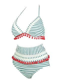 1970s Fur Ball Pendant Tassel Striped Swimsuit 15 1970s Fur Ball Pendant Tassel Striped Swimsuit -Women's Fashion Sales SCXL000614 G 2