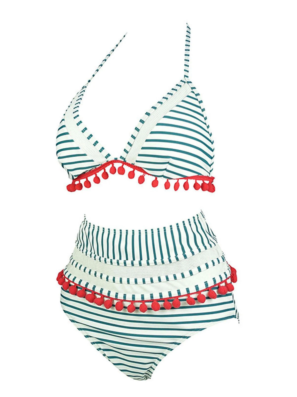 1970s Fur Ball Pendant Tassel Striped Swimsuit 7 1970s Fur Ball Pendant Tassel Striped Swimsuit - Image 5