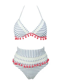 1970s Fur Ball Pendant Tassel Striped Swimsuit 17 1970s Fur Ball Pendant Tassel Striped Swimsuit -Women's Fashion Sales SCXL000614 GR 1