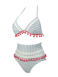 1970s Fur Ball Pendant Tassel Striped Swimsuit 18 1970s Fur Ball Pendant Tassel Striped Swimsuit -Women's Fashion Sales SCXL000614 GR 2