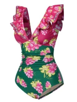 Retro 1950s Grape V-Neck Ruffle Sleeves Swimsuit 10 Retro 1950s Grape V-Neck Ruffle Sleeves Swimsuit -Women's Fashion Sales SCXL000618 3