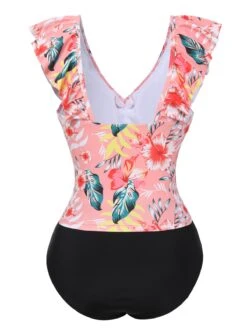 1930s Tropical Plants Ruffled V-Neck Tankini Set -Women's Fashion Sales SCXL000643 1 3