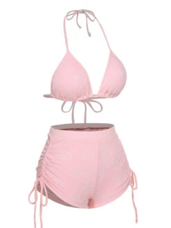 Pink 1960s Floral Lace-Up Halter Swimsuit -Women's Fashion Sales SCXL000650 1 2