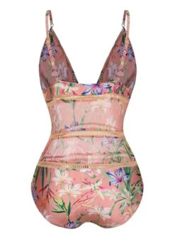 Pink 1960s Spaghetti Strap Floral One-Piece Swimsuit -Women's Fashion Sales SCXL000663 3 compressed
