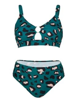 [Plus Size] Blue Green 1960s Leopard Suspender Swimsuit